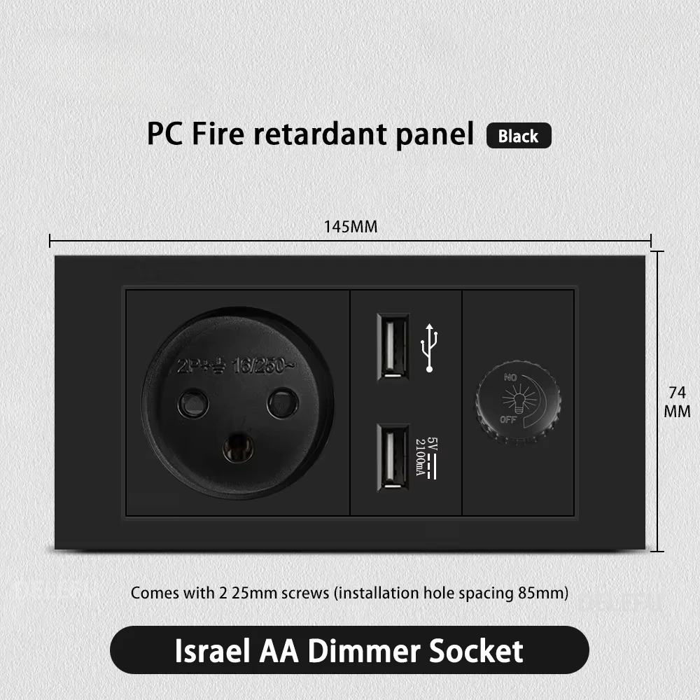 Melery Flame Retardant SC31 Panel 145mm Black Israel Standard USB TypeC Fast Charging Wall Socket Switch TV Tel CAT5 CAT6-Melery