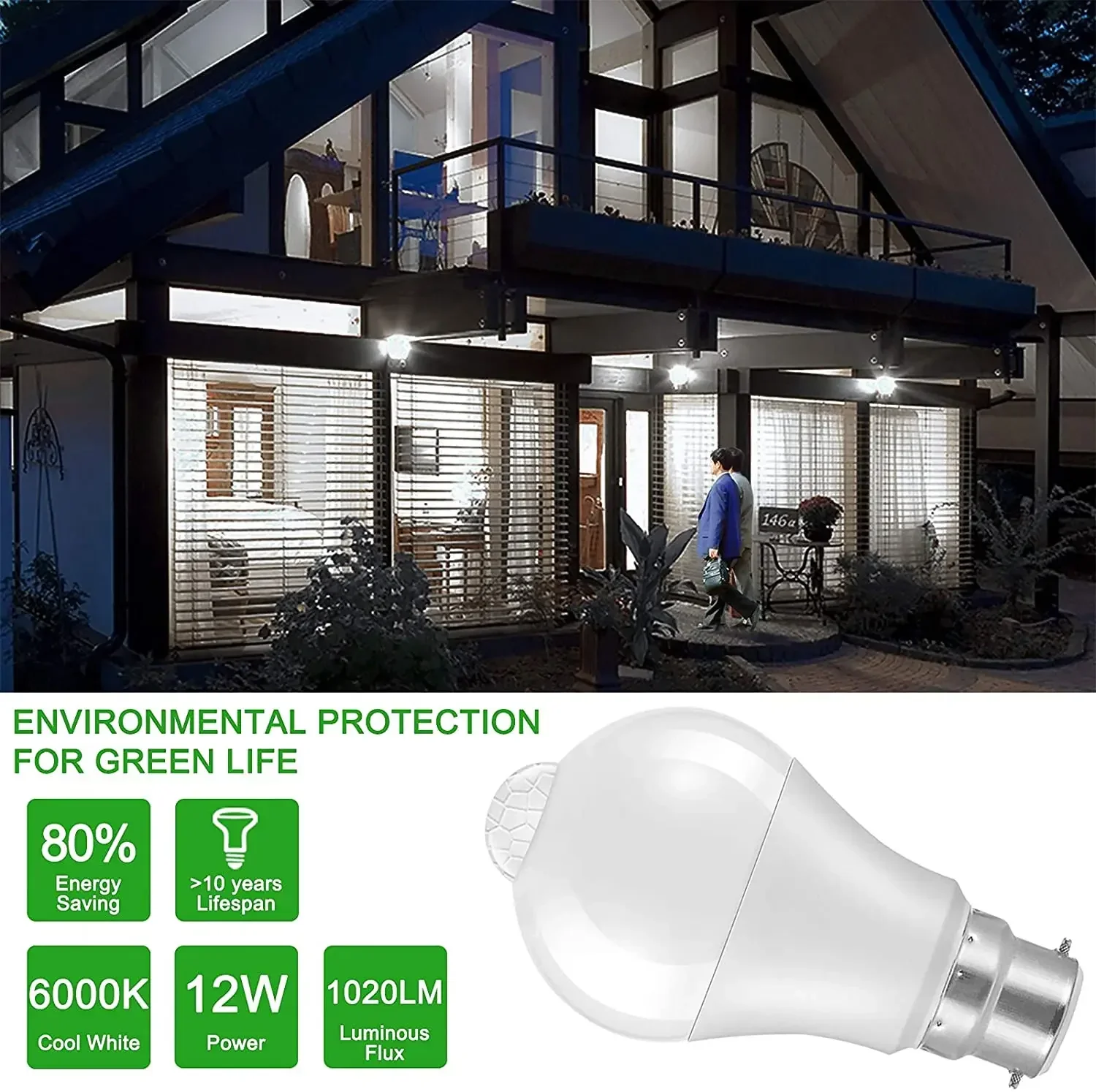 Melery LED Smart Motion Light Sensor Bulbs B22 PIR 12W Cool White 6000K Auto On/Off Night Lamp for Stairs Garage Corridor Walkway Yard-Melery