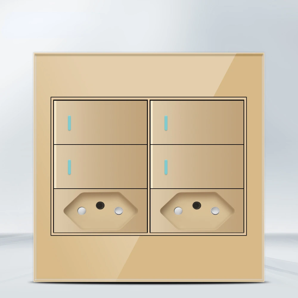 Melery  4x4 Fireproof Glass Panel Brazil Standard Outlet Double USB Type C Wall Power Socket Light Switch Office Golden 10A 20A-Melery