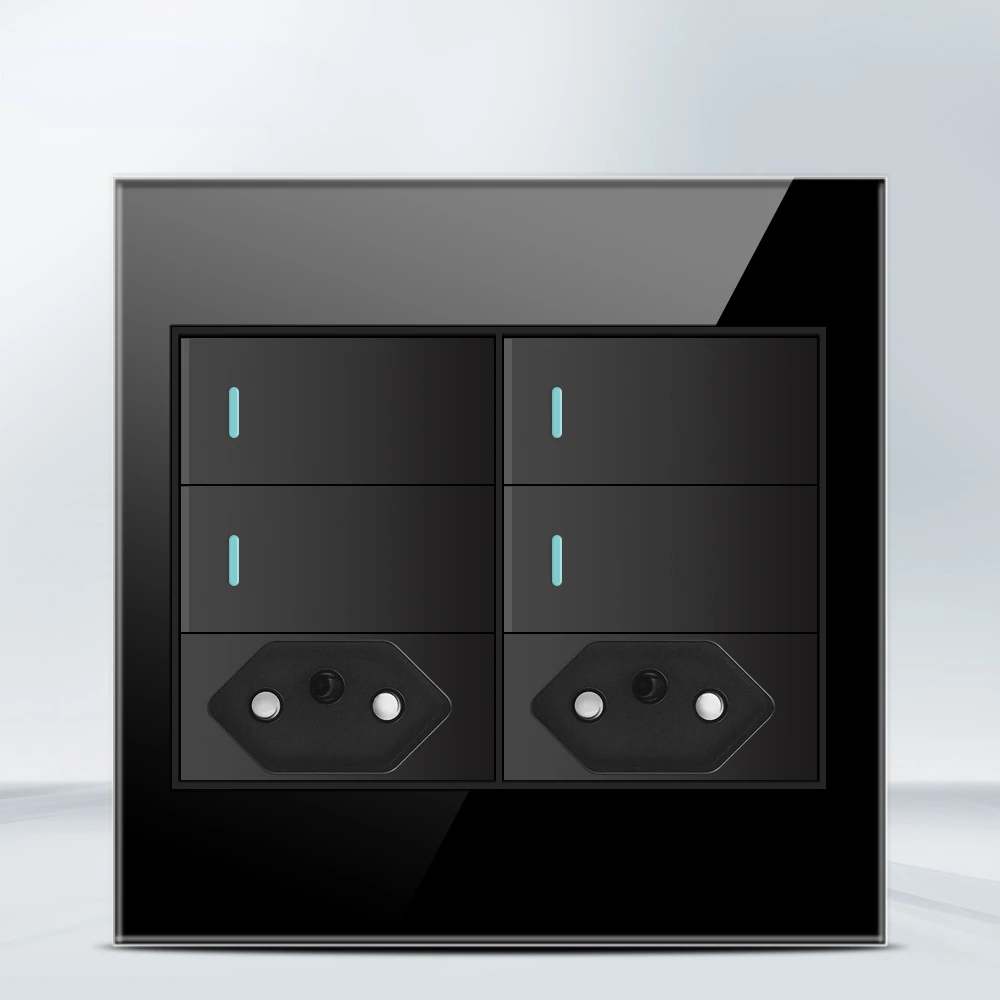 Melery  4x4 Fireproof Glass Panel Brazil Standard Outlet Double USB Type C Wall Power Socket Light Switch Office Black 10A 20A-Melery