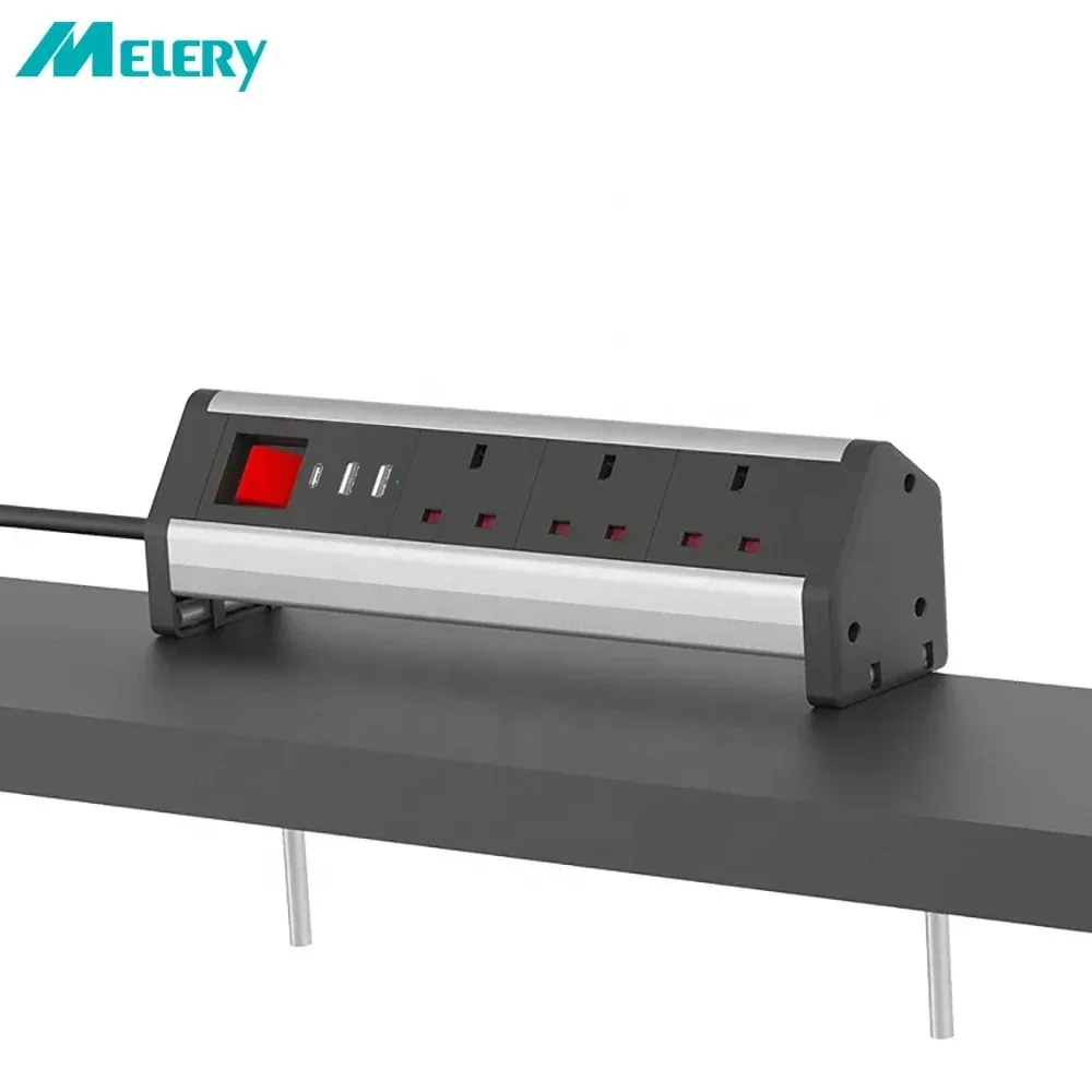 Melery  Table Clip Power Strip Clamp British Sockets USB Type-c Electrical UK Plugs 3 Outlet Conference Desk Kitchen Home Office-Melery