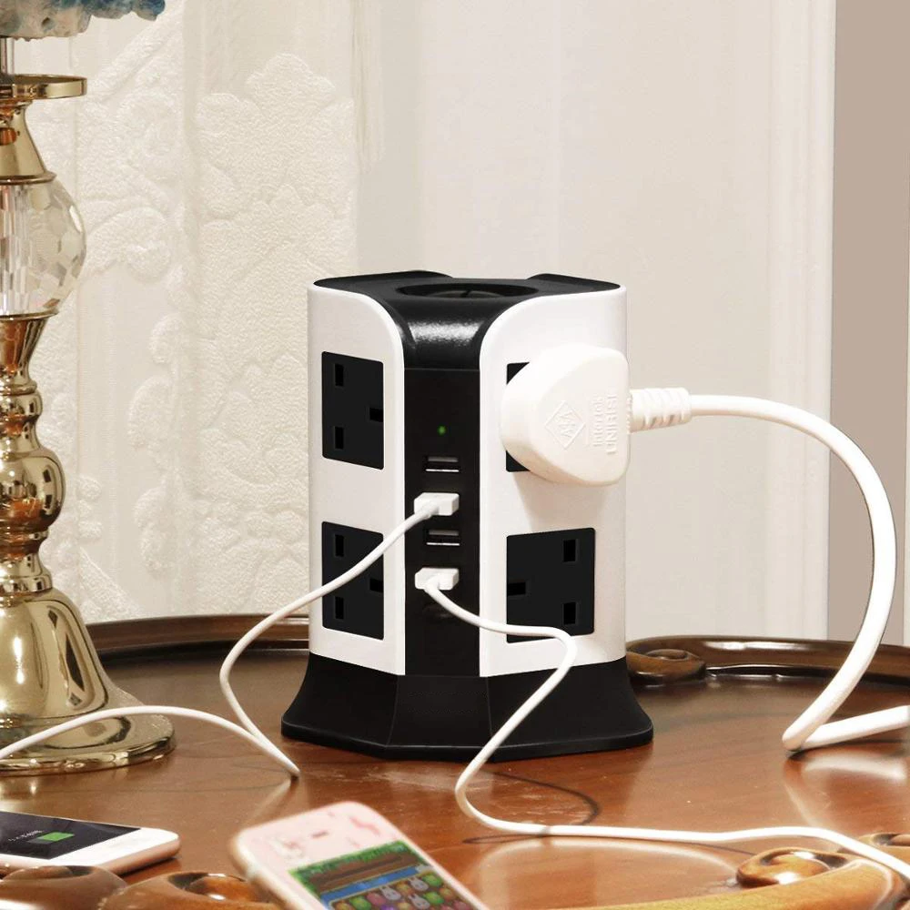 Melery UK Plug Vertical Power Strip British Extension Surge Protectors Tower 8 Outlet 4USB Sockets 2.1A Charge Port 6.5ft Cord 2m Cable-Melery