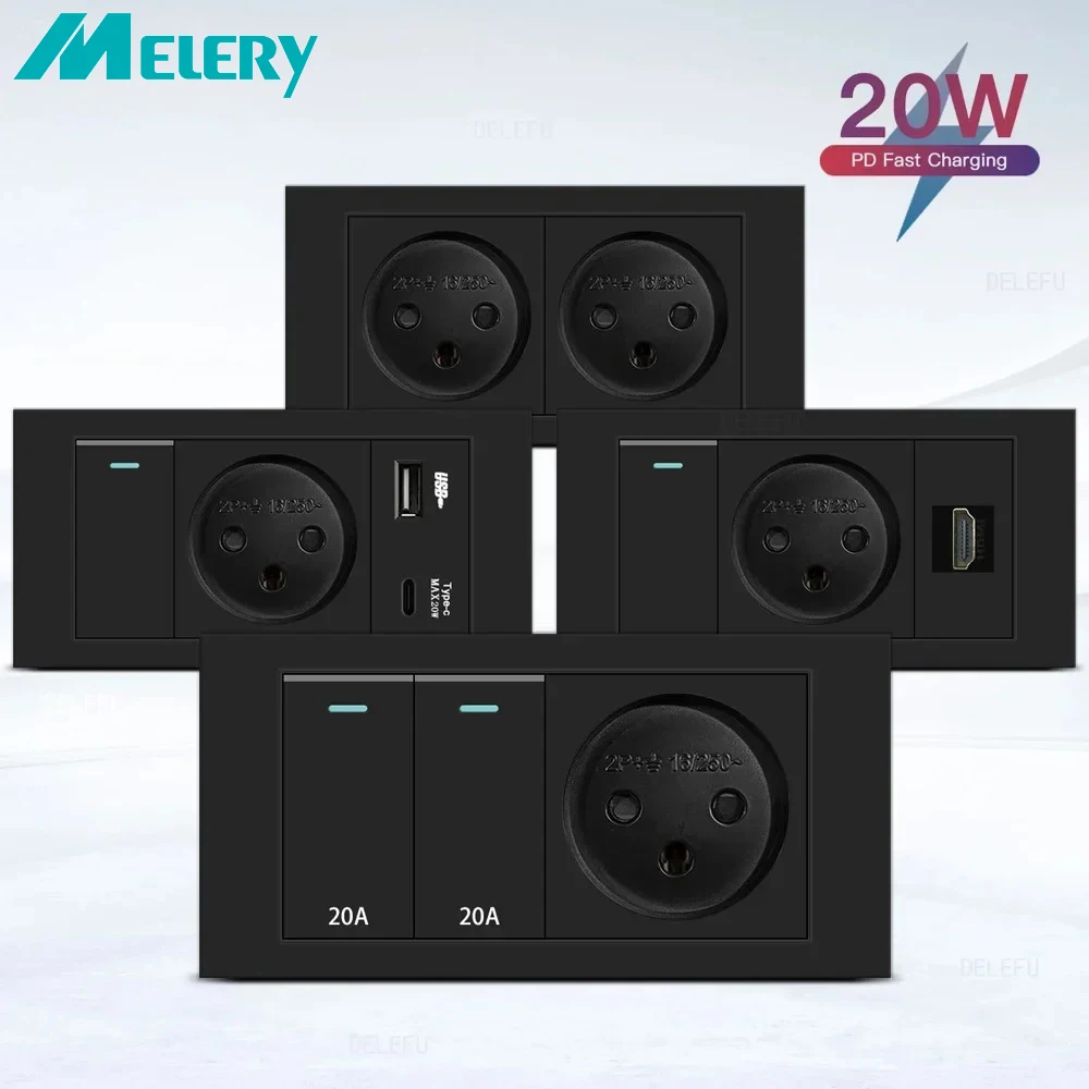 Melery Flame Retardant SC31 Panel 145mm Black Israel Standard USB TypeC Fast Charging Wall Socket Switch TV Tel CAT5 CAT6-Melery