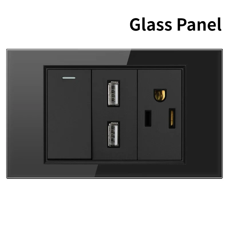 Melery US Power Wall Socket USB Type C Light Switch Double Pole Plastic&Glass Panel Outlet Plate Home Office Electrical Plug-Melery