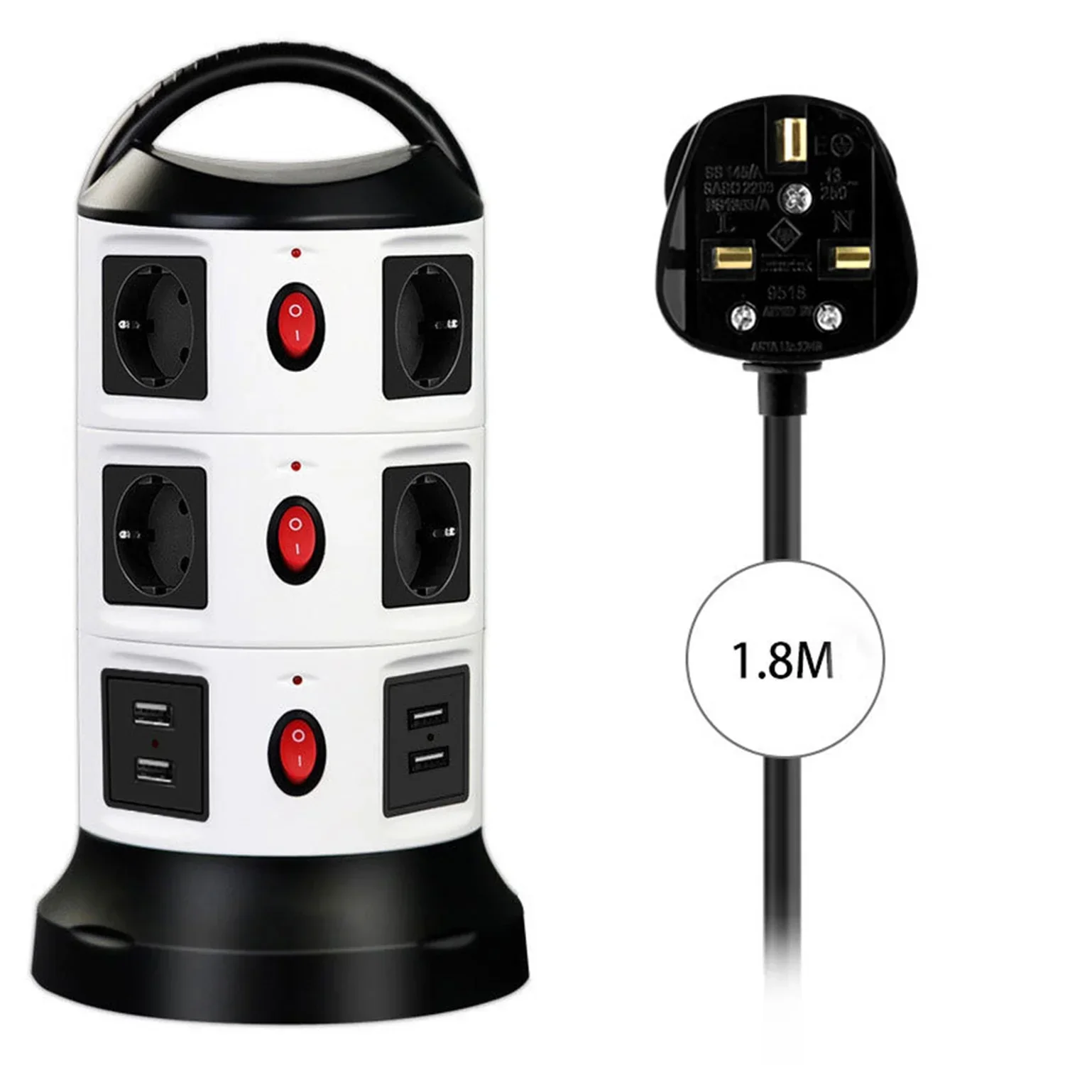 Melery Vertical Power Strip Multiple Tower Socket Surge Protector EU Plug Outlets with USB Switchable 1.8m Extension Cable Home Office-Melery