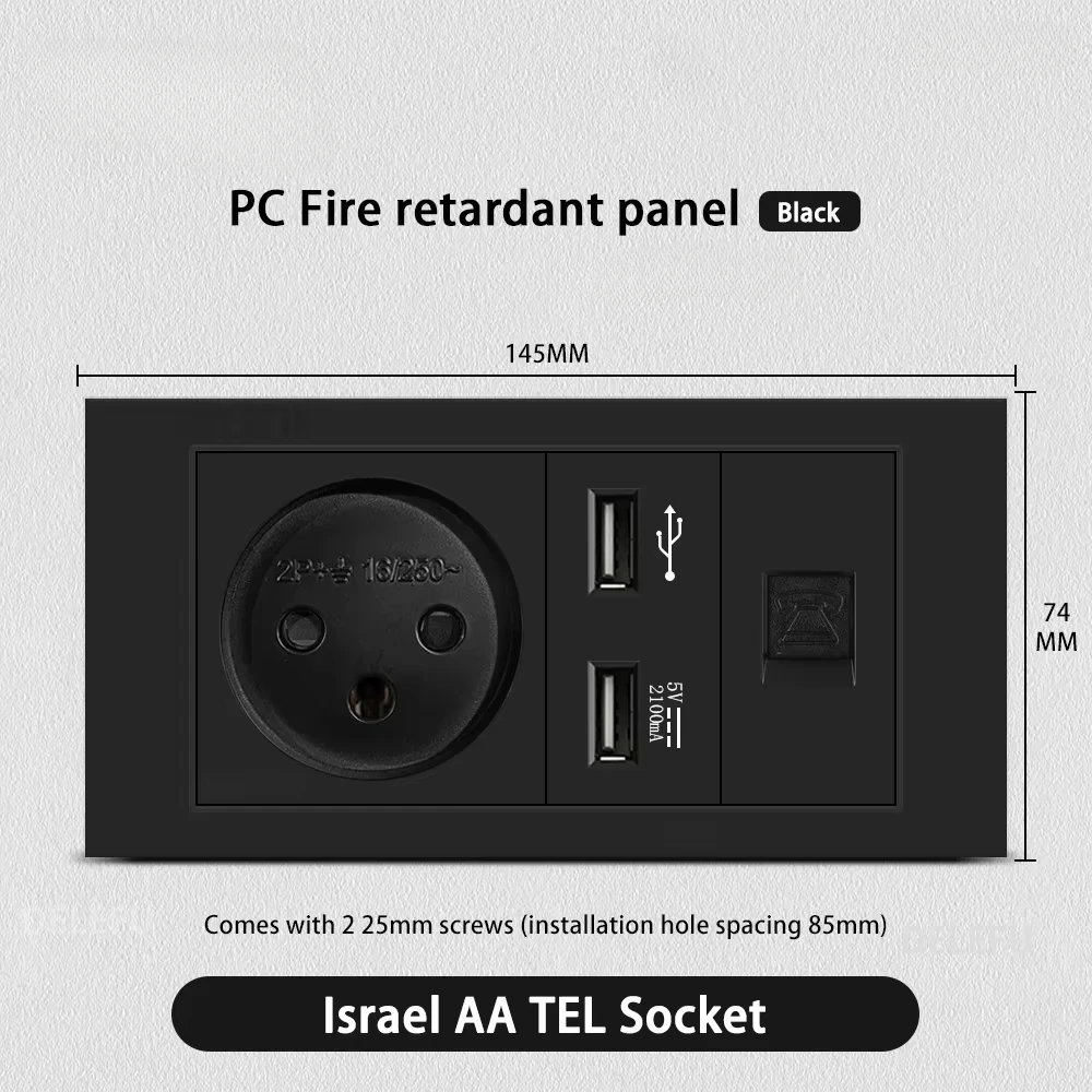 Melery Flame Retardant SC31 Panel 145mm Black Israel Standard USB TypeC Fast Charging Wall Socket Switch TV Tel CAT5 CAT6-Melery