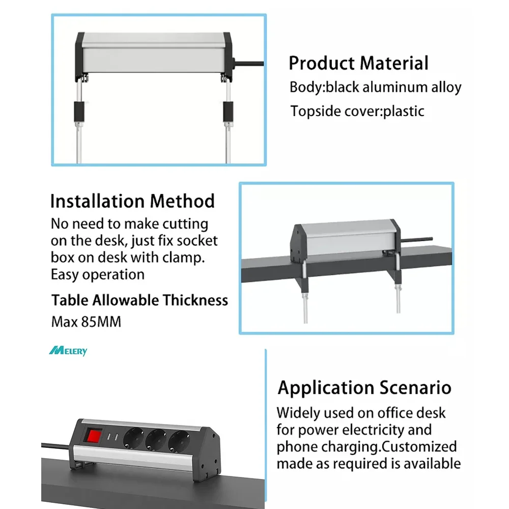 Melery  Tabletop Socket 3Ways Electrical Plugs Sockets Clamp on Conference Table EU Plug Outlets USB Port for Germany Home Office-Melery