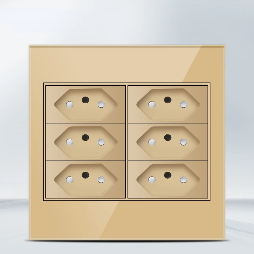 Melery  4x4 Fireproof Glass Panel Brazil Standard Outlet Double USB Type C Wall Power Socket Light Switch Office Golden 10A 20A-Melery