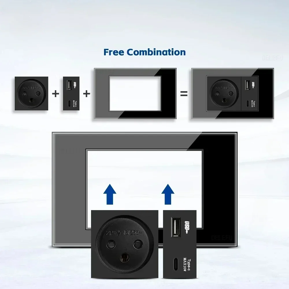 Melery Tempered Glass Israel Standard Wall Socket USB 20W Type C Fast Charging Satellite TV Tel CAT5 CAT6 Outlet Light Switch-Melery