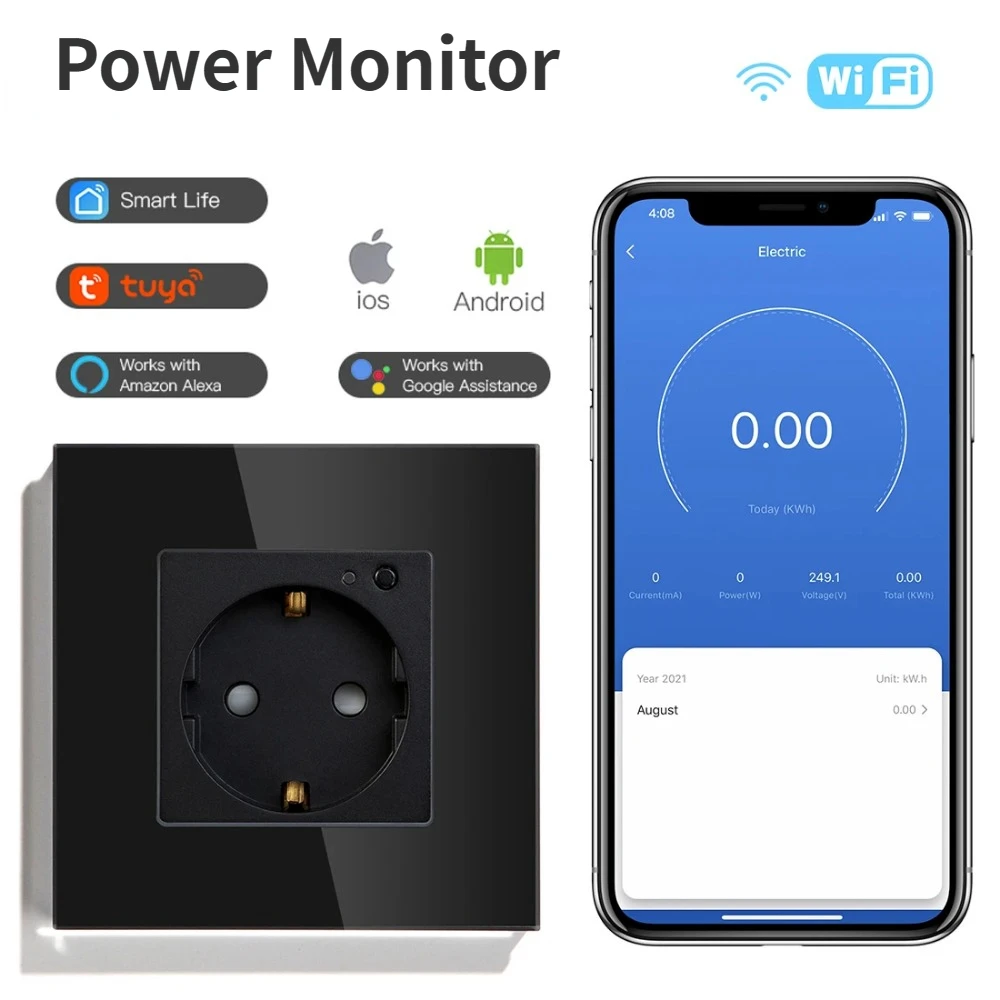 Melery  Wifi Smart Wall Socket EU Electrical Plug Outlet 86mm Power Monitor Tuya APP Remote Wireless Control by Alexa Google Home-Melery