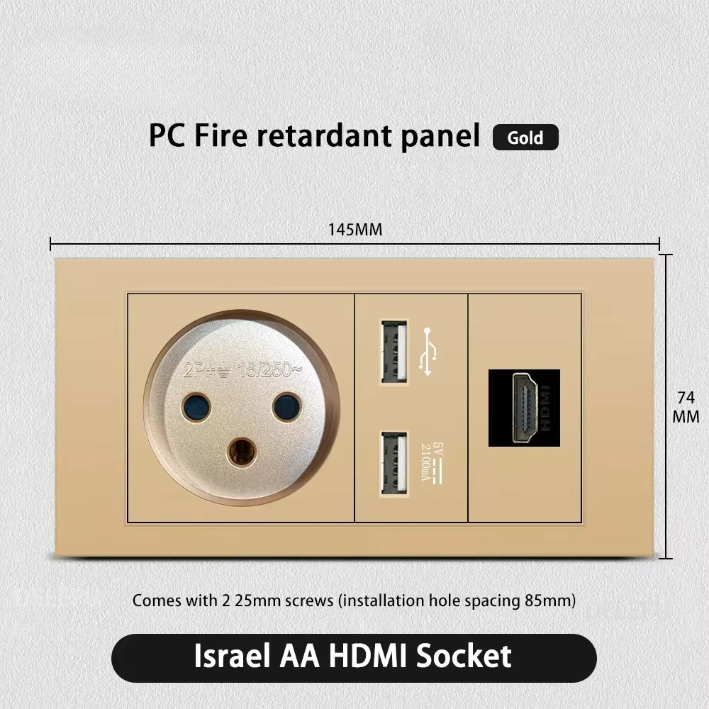 Melery Flame Retardant SC31 Panel 145mm Gold Israel Standard USB TypeC Fast Charging Wall Socket Switch TV Tel CAT5 CAT6-Melery