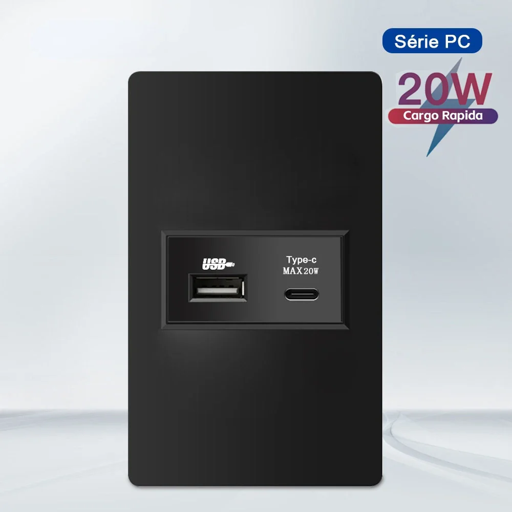 Melery  4*2 Brazilian Standard PC Flame Retardant Panel 20W Fast Charge Tpye-c USB Wall Socket, 118*74mm 2.1A 5V Outlet-Melery