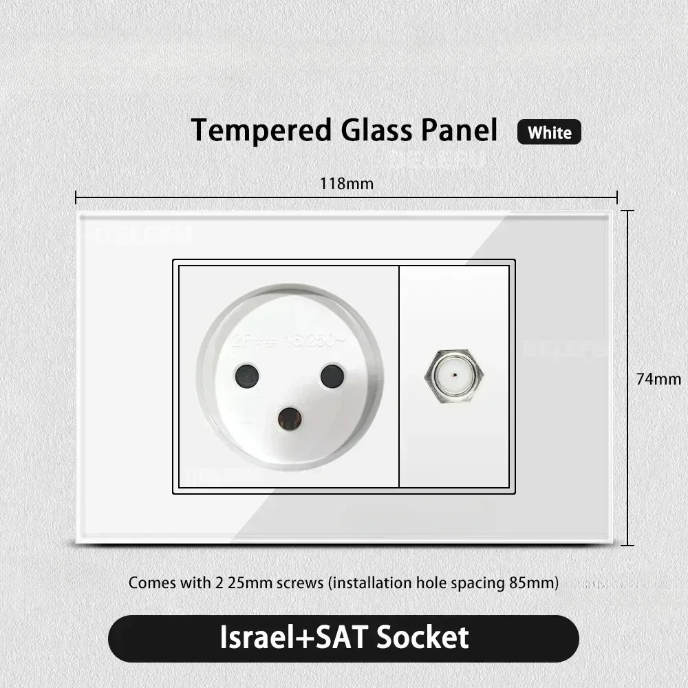 Melery White Tempered Glass Israel Standard USB Type C Fast Charging Wall Socket Light Switch Satellite TV Tel CAT5 CAT6-Melery