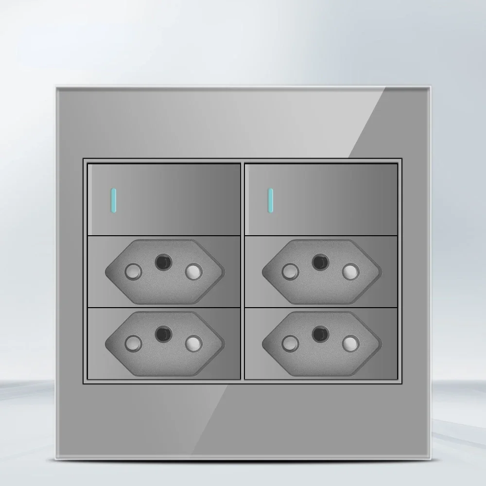 Melery  4x4 Fireproof Glass Panel Brazil Standard Outlet Double USB Type C 10/20W Wall Power Socket Light Switch Office Grey 20A-Melery