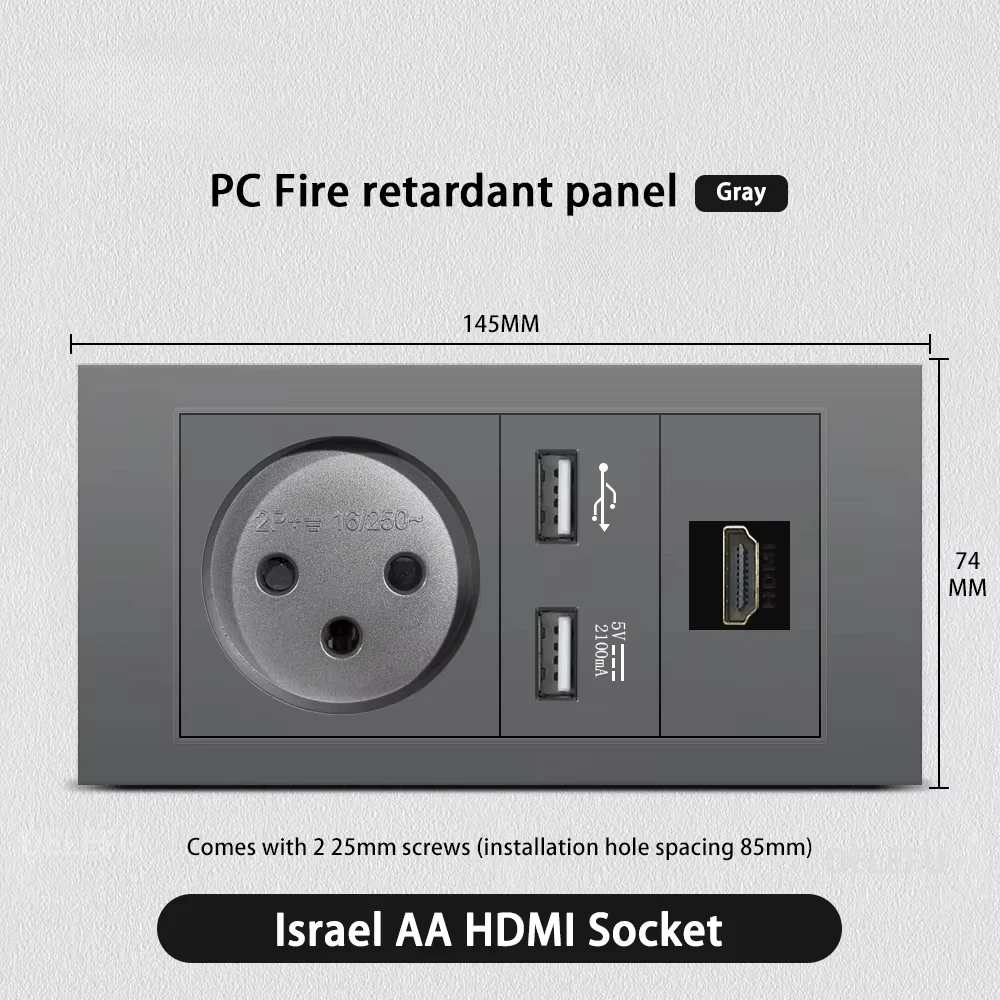 Melery Flame Retardant SC31 Panel 145mm Gray Israel Standard USB TypeC Fast Charging Wall Socket Switch TV Tel CAT5 CAT6-Melery