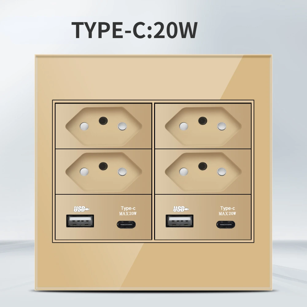 Melery  4x4 Fireproof Glass Panel Brazil Standard Outlet Double USB Type C Wall Power Socket Light Switch Office Golden 10A 20A-Melery