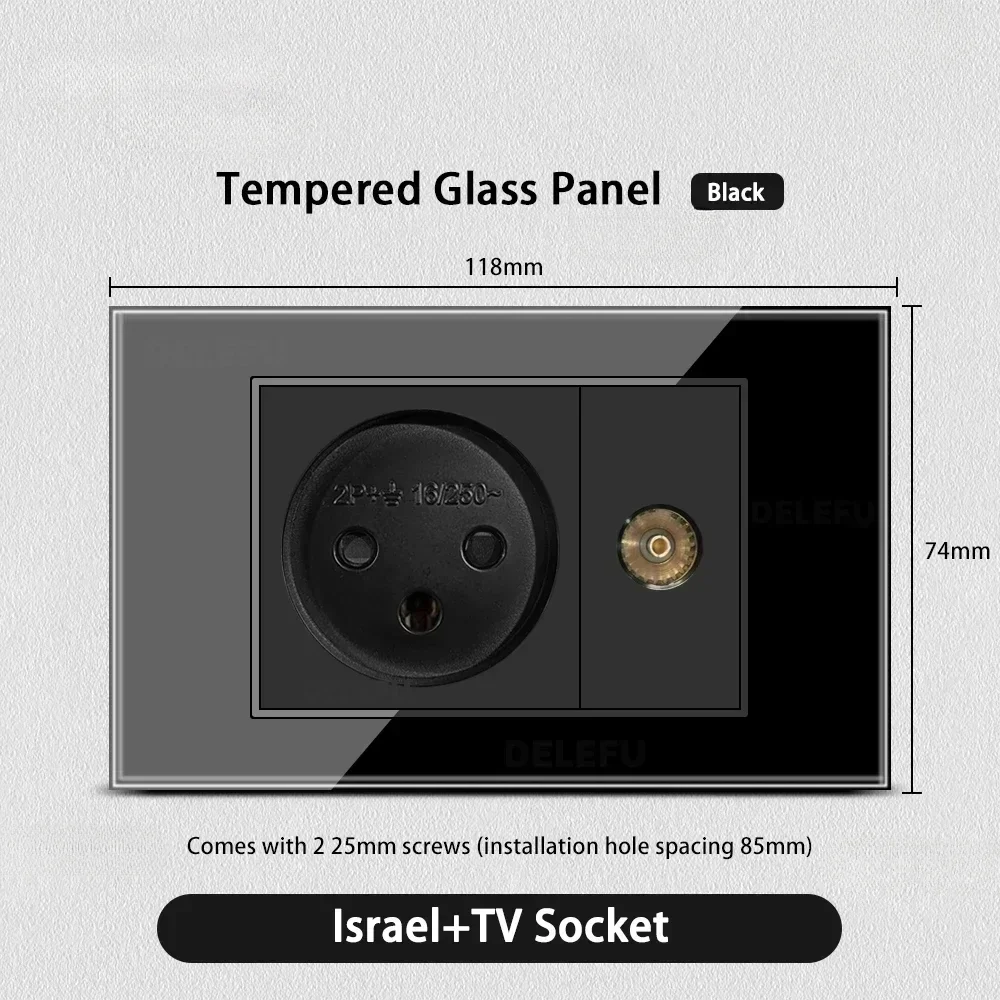 Melery Tempered Glass Israel Standard Wall Socket USB 20W Type C Fast Charging Satellite TV Tel CAT5 CAT6 Outlet Light Switch-Melery