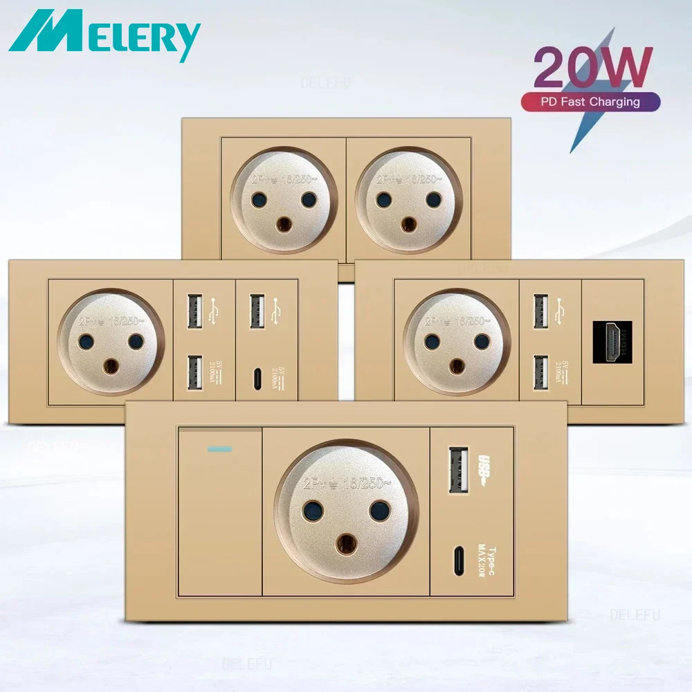 Melery Flame Retardant SC31 Panel 145mm Gold Israel Standard USB TypeC Fast Charging Wall Socket Switch TV Tel CAT5 CAT6-Melery