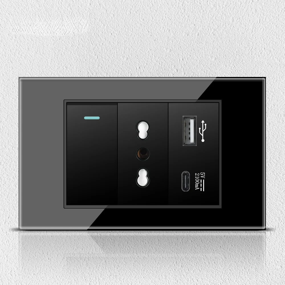 Melery  Black Tempered Glass Italy Standard Home Office EU Outlet USb Type C Chile Korea Wall Socket Light Pressure Switch 118-Melery