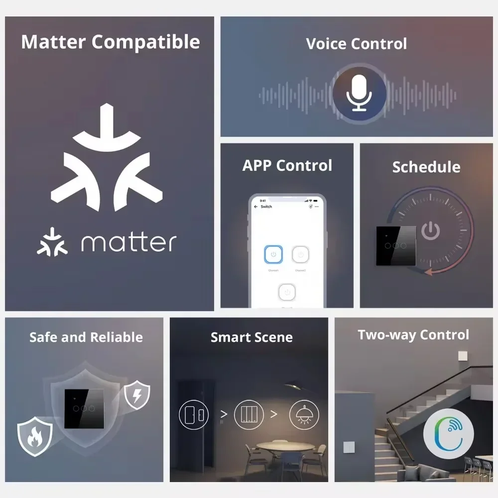 Melery Matter Thread Light Wall Switch WiFi Touch Sensor Remote Control by Apple Homekit SmartThings Google Home Siri Alexa -Melery