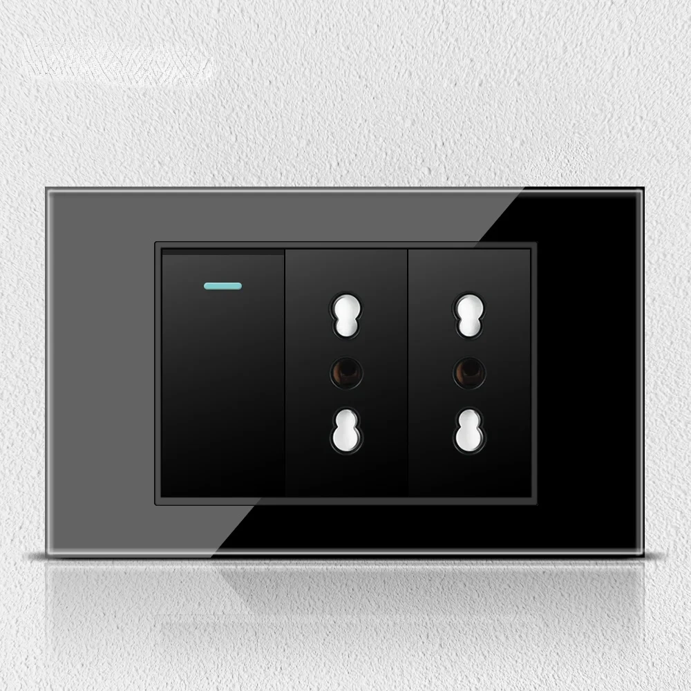 Melery  Black Tempered Glass Italy Standard Home Office EU Outlet USb Type C Chile Korea Wall Socket Light Pressure Switch 118-Melery