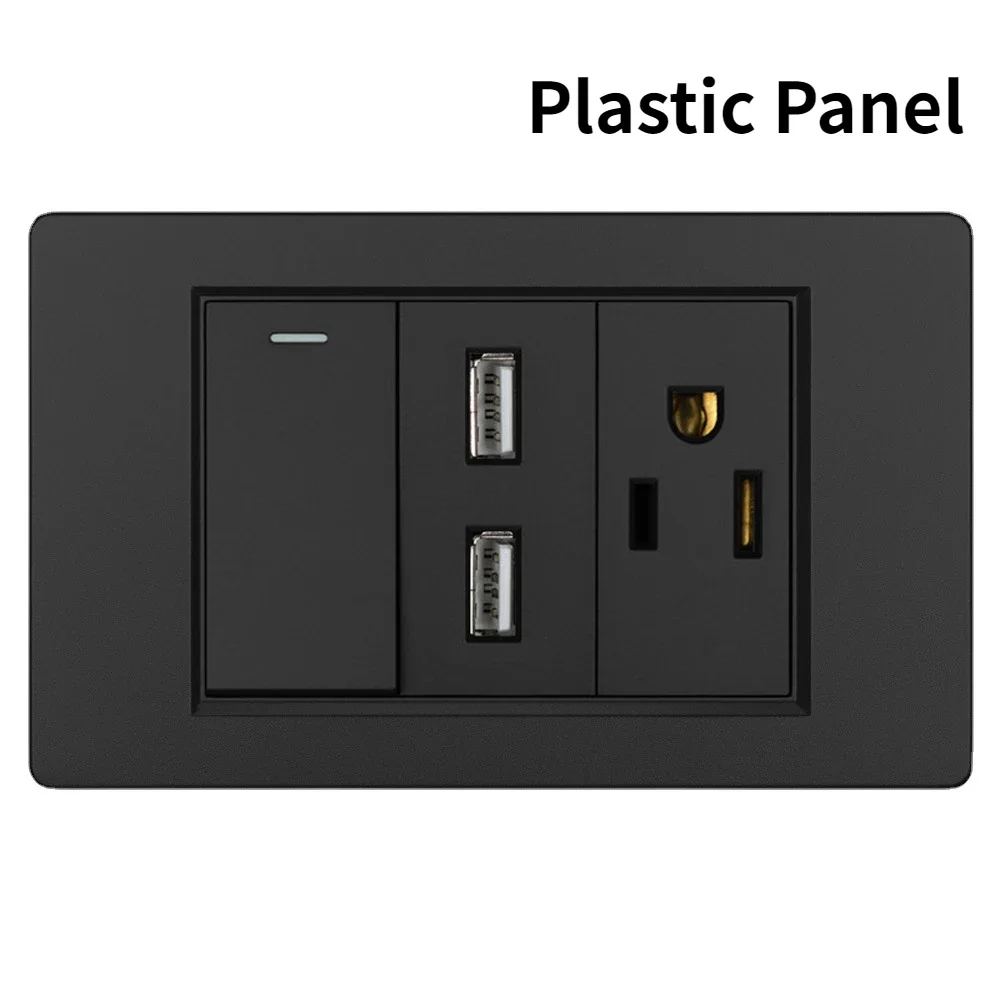 Melery US Power Wall Socket USB Type C Light Switch Double Pole Plastic&Glass Panel Outlet Plate Home Office Electrical Plug-Melery