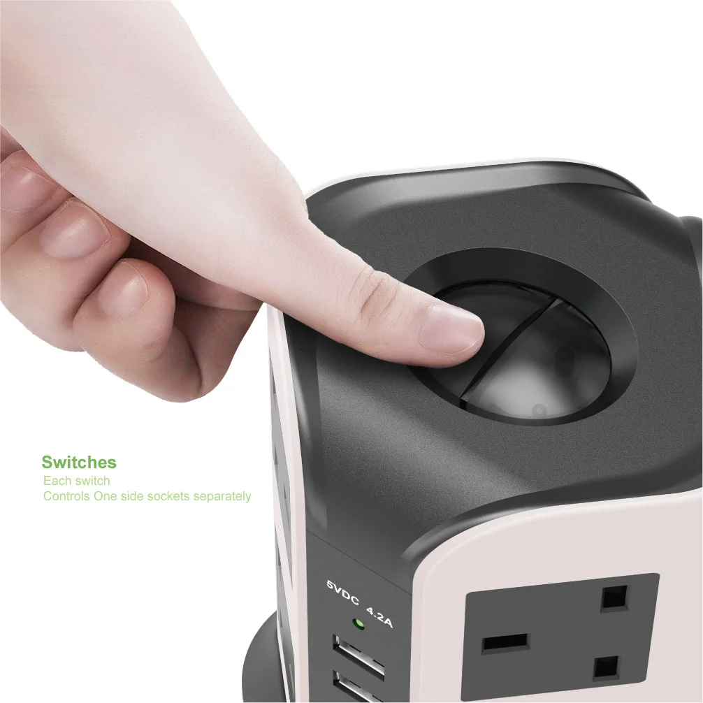 Melery UK Plug Vertical Power Strip British Extension Surge Protectors Tower 8 Outlet 4USB Sockets 2.1A Charge Port 6.5ft Cord 2m Cable-Melery