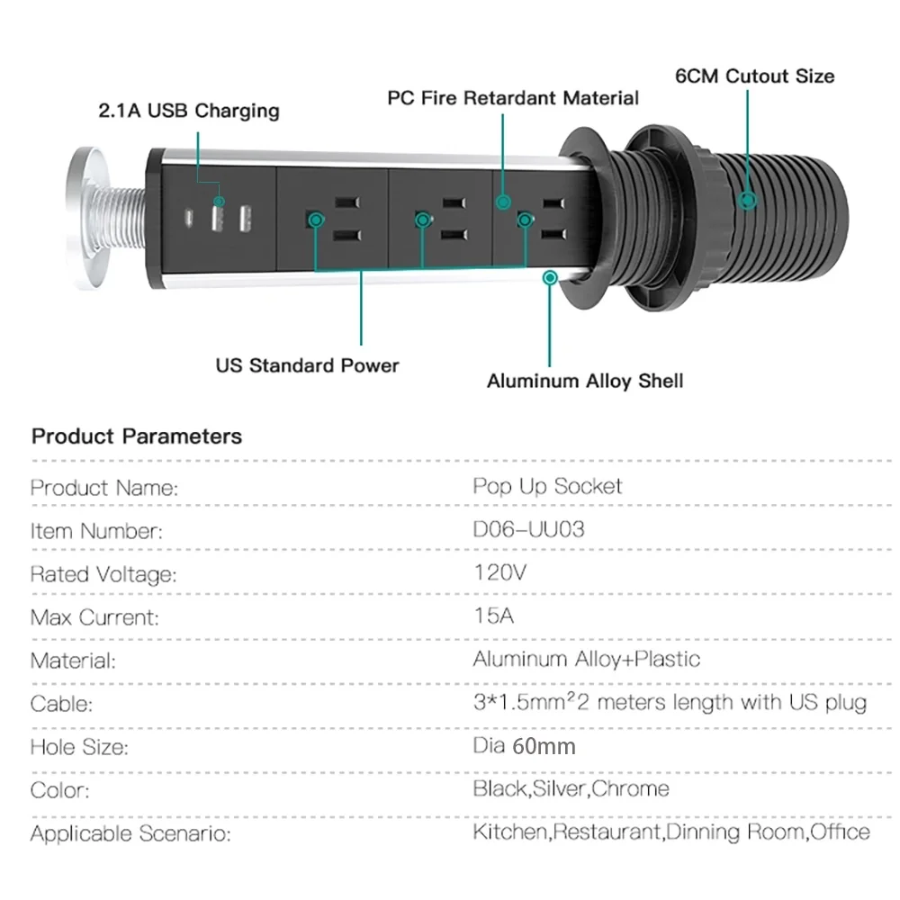 Melery  Tablet Socket Power Strip US Electric Plug Pop Up Desk Switch Outlet Hidden Kitchen USB Type-C harger 1.8m Extenstion Cord-Melery