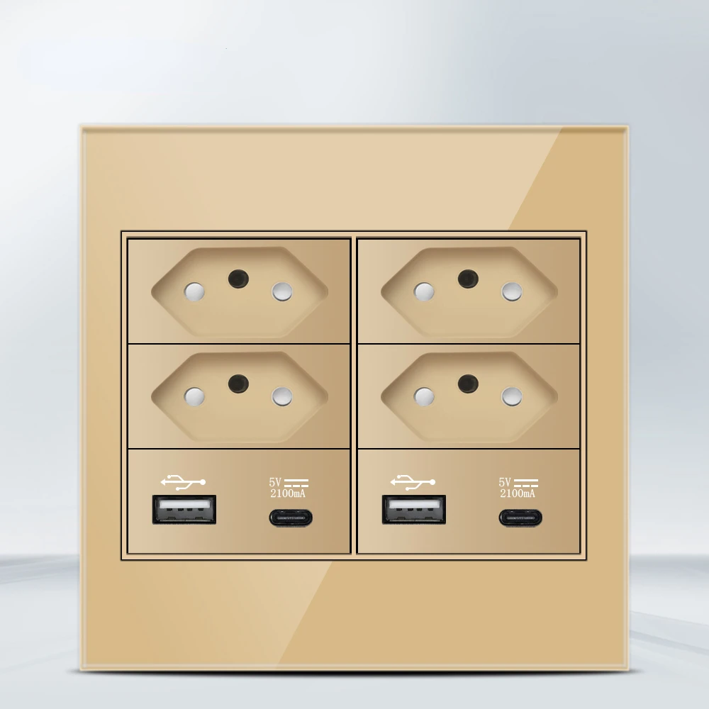 Melery  4x4 Fireproof Glass Panel Brazil Standard Outlet Double USB Type C Wall Power Socket Light Switch Office Golden 10A 20A-Melery