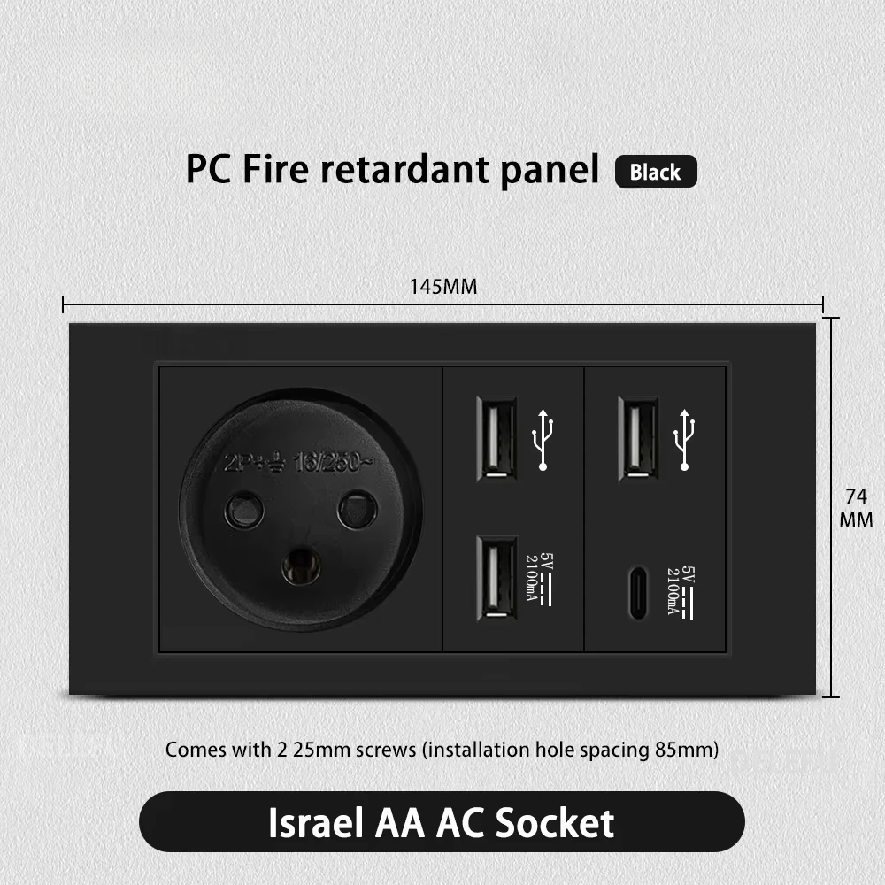 Melery Flame Retardant SC31 Panel 145mm Black Israel Standard USB TypeC Fast Charging Wall Socket Switch TV Tel CAT5 CAT6-Melery