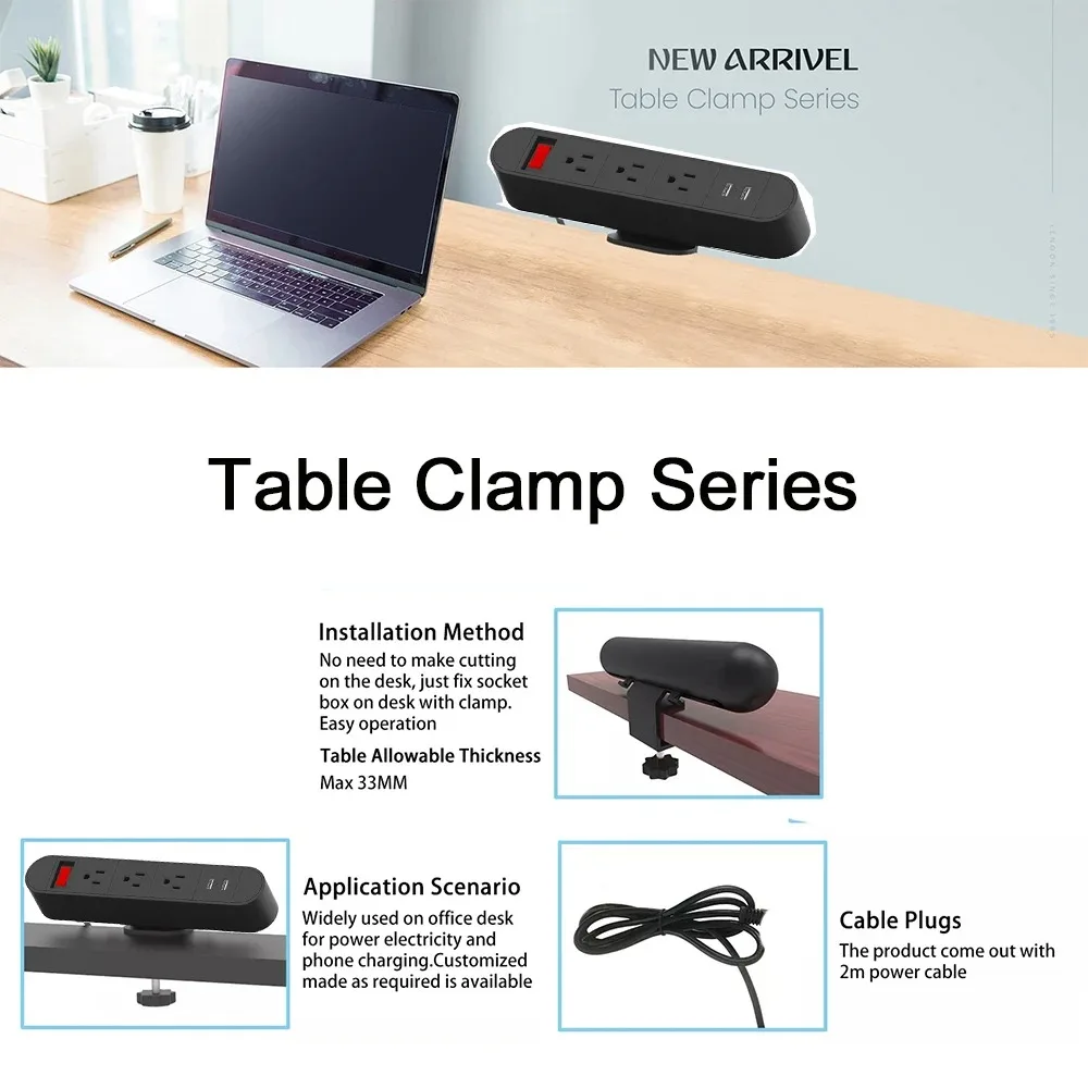 Melery US Plug Tabletop USB Socket Desk Edge Clamp On Power Strip Electrical Janpan Sockets 3 Outlet Mexico Table Mountable Home Office-Melery