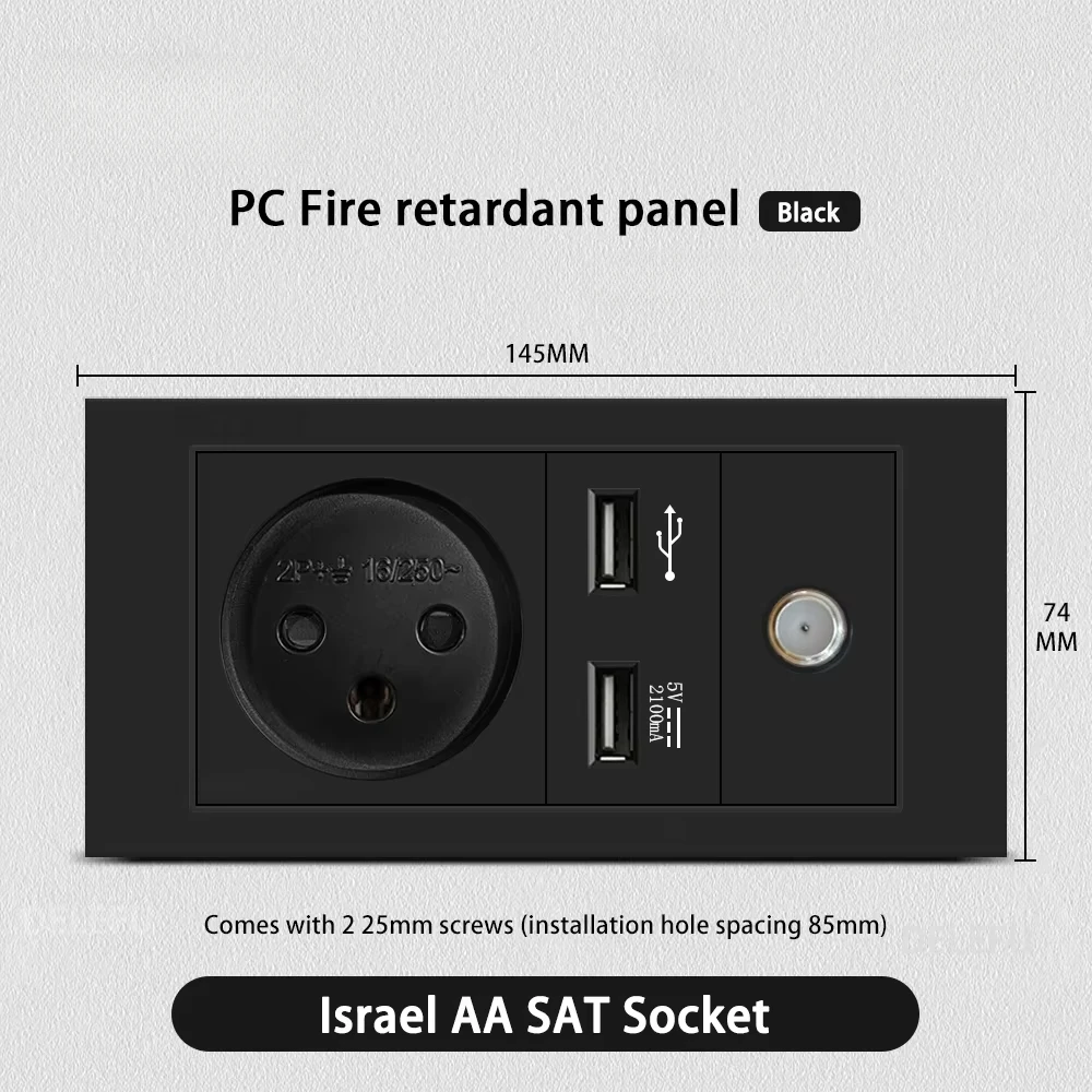 Melery Flame Retardant SC31 Panel 145mm Black Israel Standard USB TypeC Fast Charging Wall Socket Switch TV Tel CAT5 CAT6-Melery