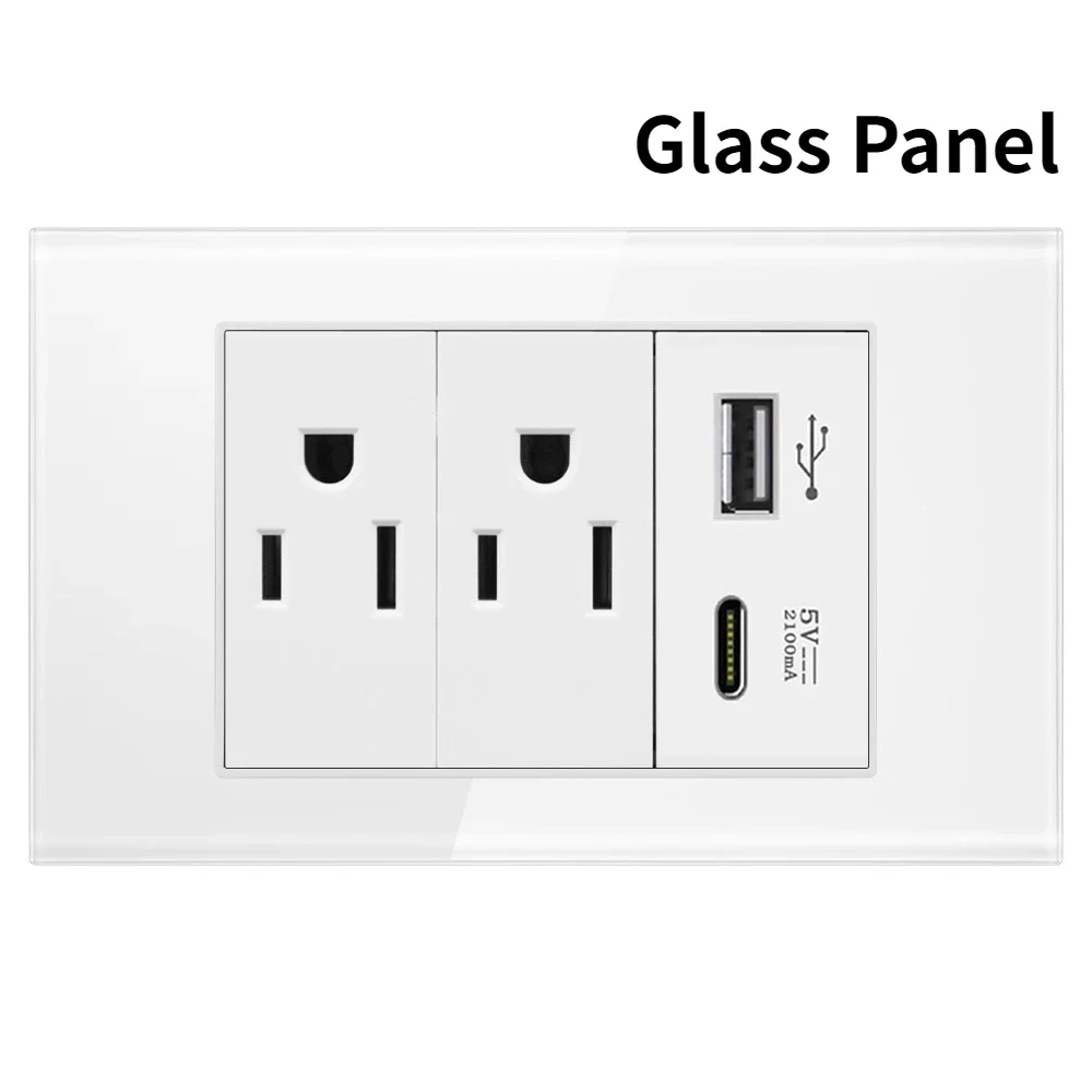 Melery US Power Wall Socket USB Type C Light Switch Double Pole Plastic&Glass Panel Outlet Plate Home Office Electrical Plug-Melery