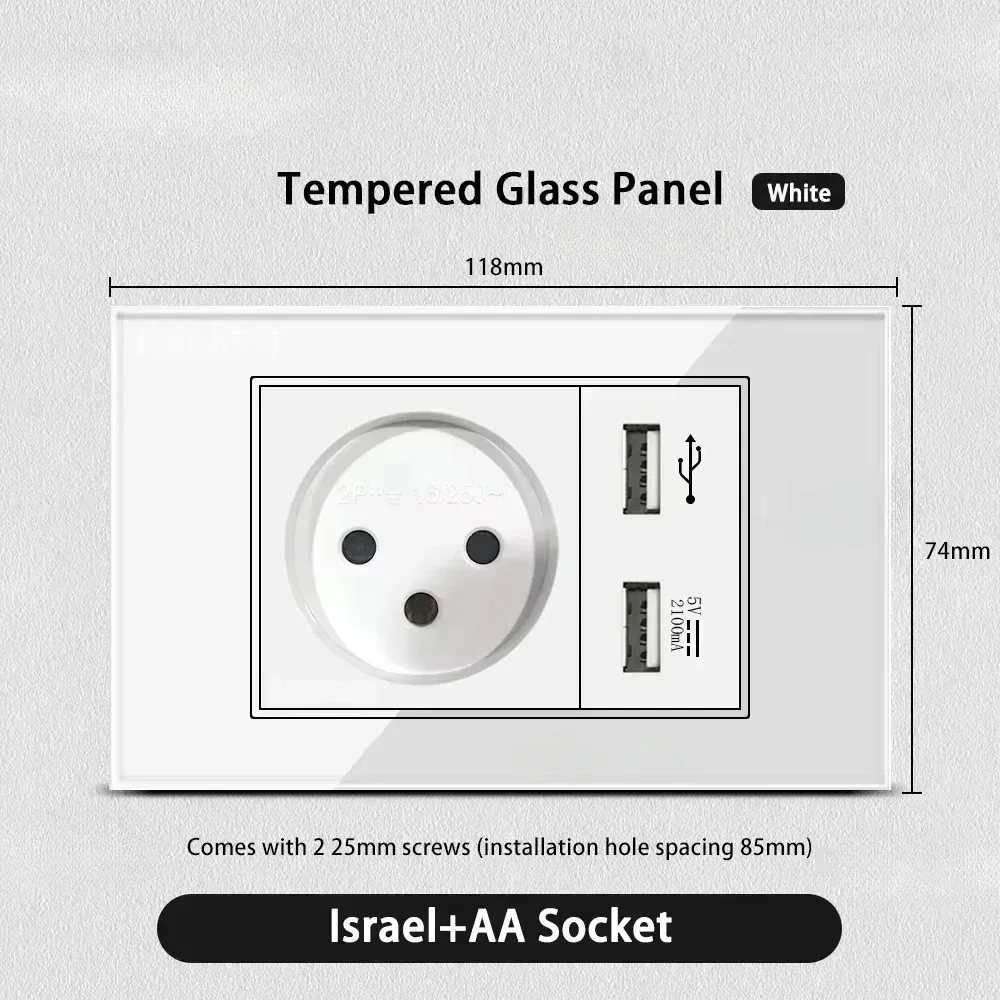 Melery White Tempered Glass Israel Standard USB Type C Fast Charging Wall Socket Light Switch Satellite TV Tel CAT5 CAT6-Melery