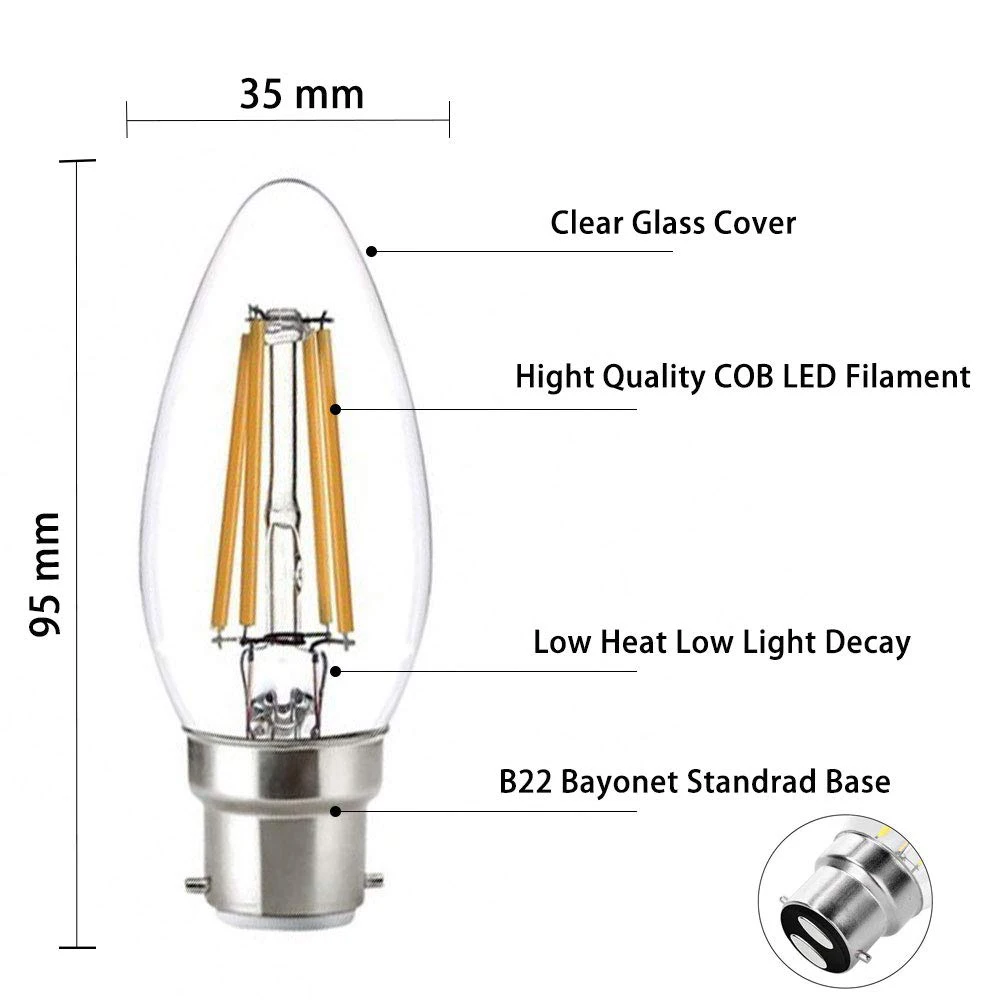 Melery B22 LED Candle Filament Led Light Bulb 4W C35 Dimmable Bayonet Vintage Edison Warm White 2700K Cold 6500K Equal 40W Incandescent-Melery