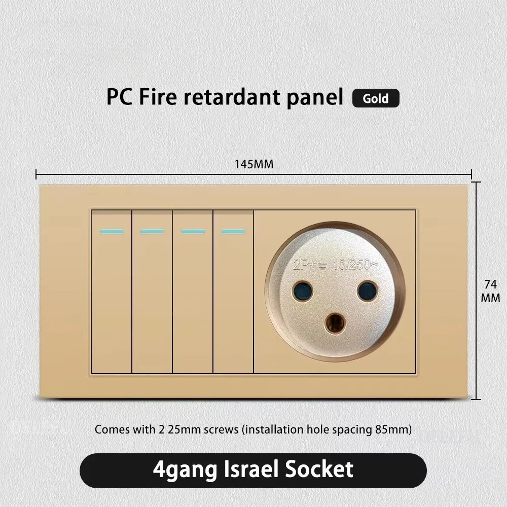 Melery Flame Retardant SC31 Panel 145mm Gold Israel Standard USB TypeC Fast Charging Wall Socket Switch TV Tel CAT5 CAT6-Melery