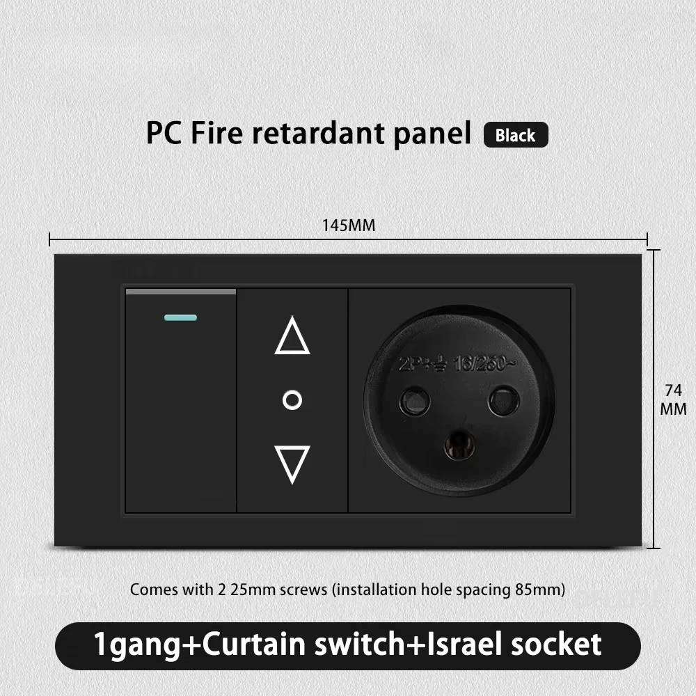Melery Flame Retardant SC31 Panel 145mm Black Israel Standard USB TypeC Fast Charging Wall Socket Switch TV Tel CAT5 CAT6-Melery