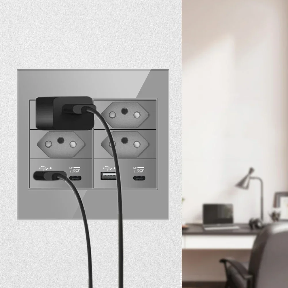 Melery  4x4 Fireproof Glass Panel Brazil Standard Outlet Double USB Type C 10/20W Wall Power Socket Light Switch Office Grey 20A-Melery