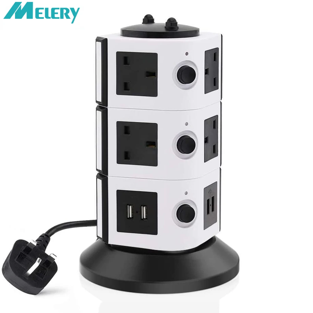 Melery Vertical Power Strip Multiple Surge Protector Extension Socket Individually Switched Plug Outlet USB Charging Station 2m Cable-Melery