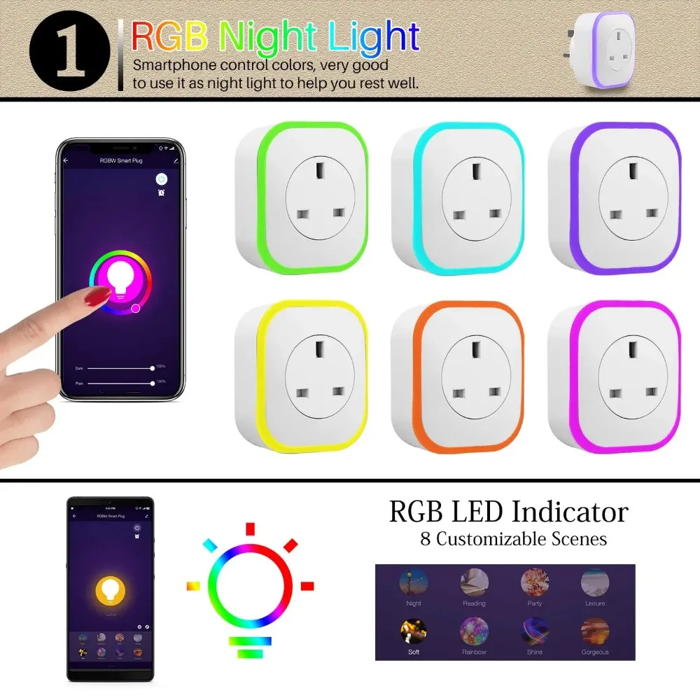 Melery  Tuya Wifi Smart Electrical Plug Power Outlet Mini Switch UK Sockets Night Light Voice Control Timer by Alexa Google Home-Melery