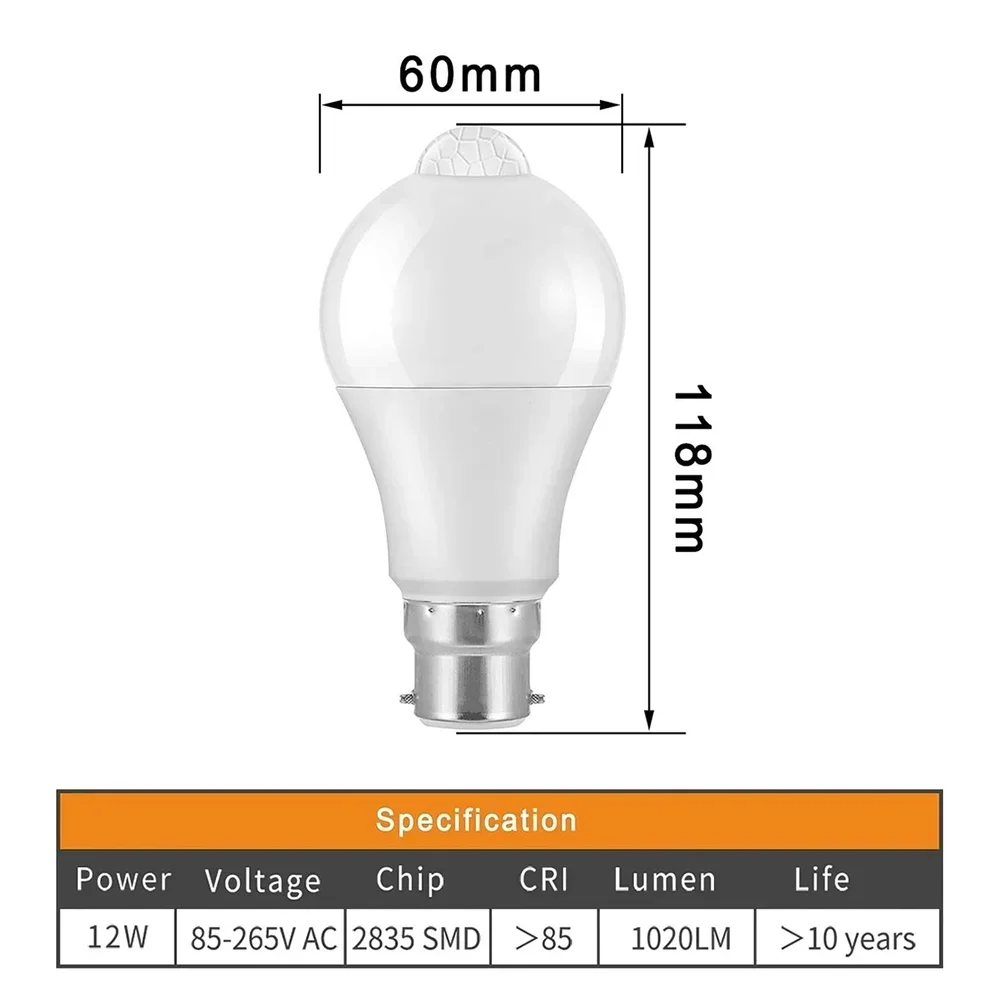 Melery LED Smart Motion Light Sensor Bulbs B22 PIR 12W Cool White 6000K Auto On/Off Night Lamp for Stairs Garage Corridor Walkway Yard-Melery