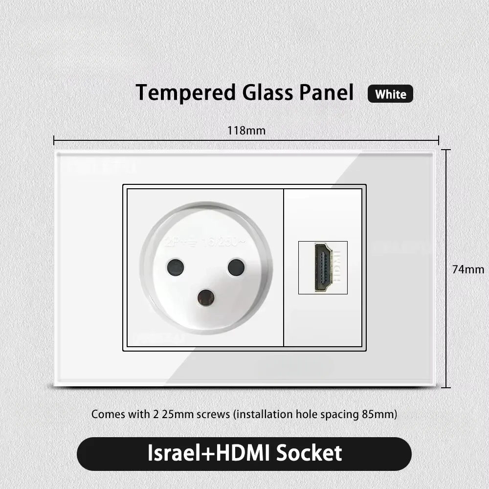 Melery White Tempered Glass Israel Standard USB Type C Fast Charging Wall Socket Light Switch Satellite TV Tel CAT5 CAT6-Melery