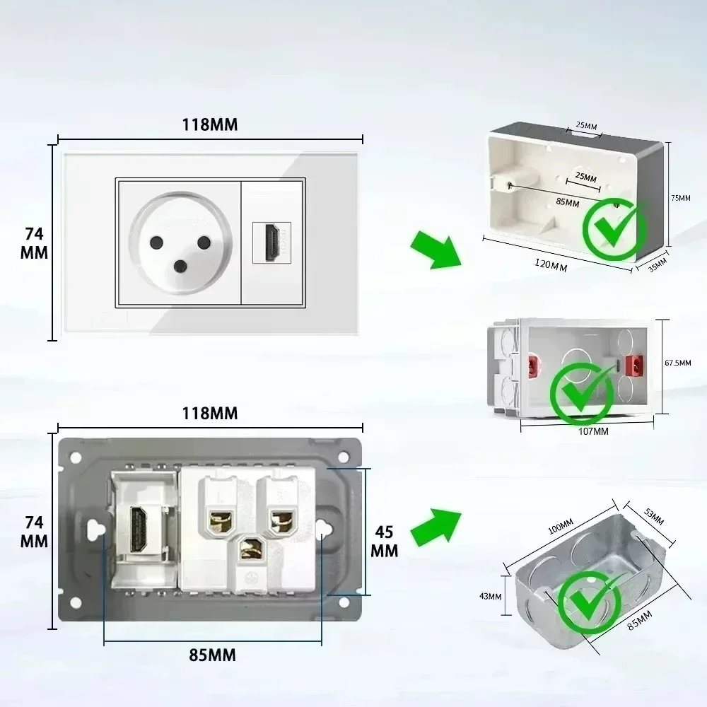 Melery White Tempered Glass Israel Standard USB Type C Fast Charging Wall Socket Light Switch Satellite TV Tel CAT5 CAT6-Melery
