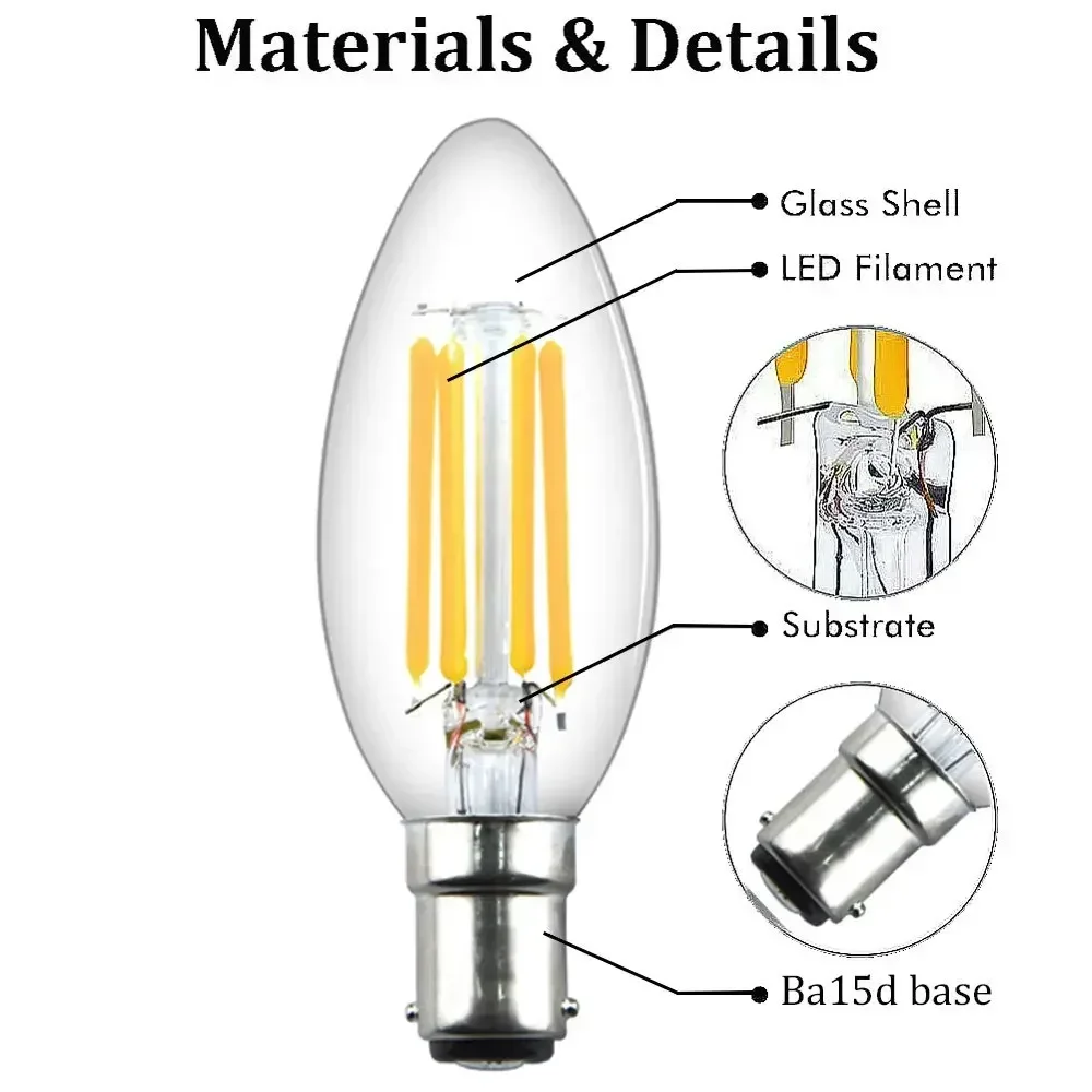 Melery LED Candle Filament Light Bulb B15 SBC Bayonet 4W Ba15d Vintage Warm White 2700K 40W Replacement Home Office Decorative Dimmable or not 4PACK-Melery