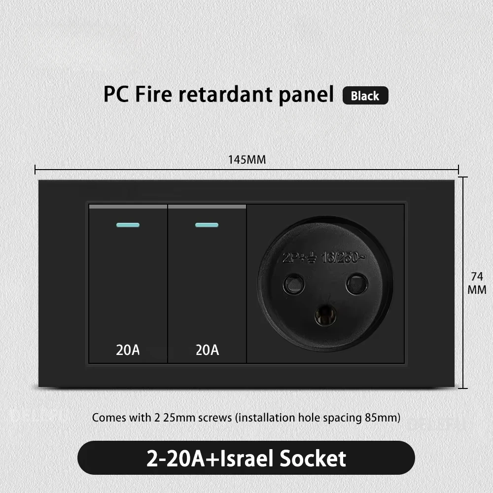 Melery Flame Retardant SC31 Panel 145mm Black Israel Standard USB TypeC Fast Charging Wall Socket Switch TV Tel CAT5 CAT6-Melery