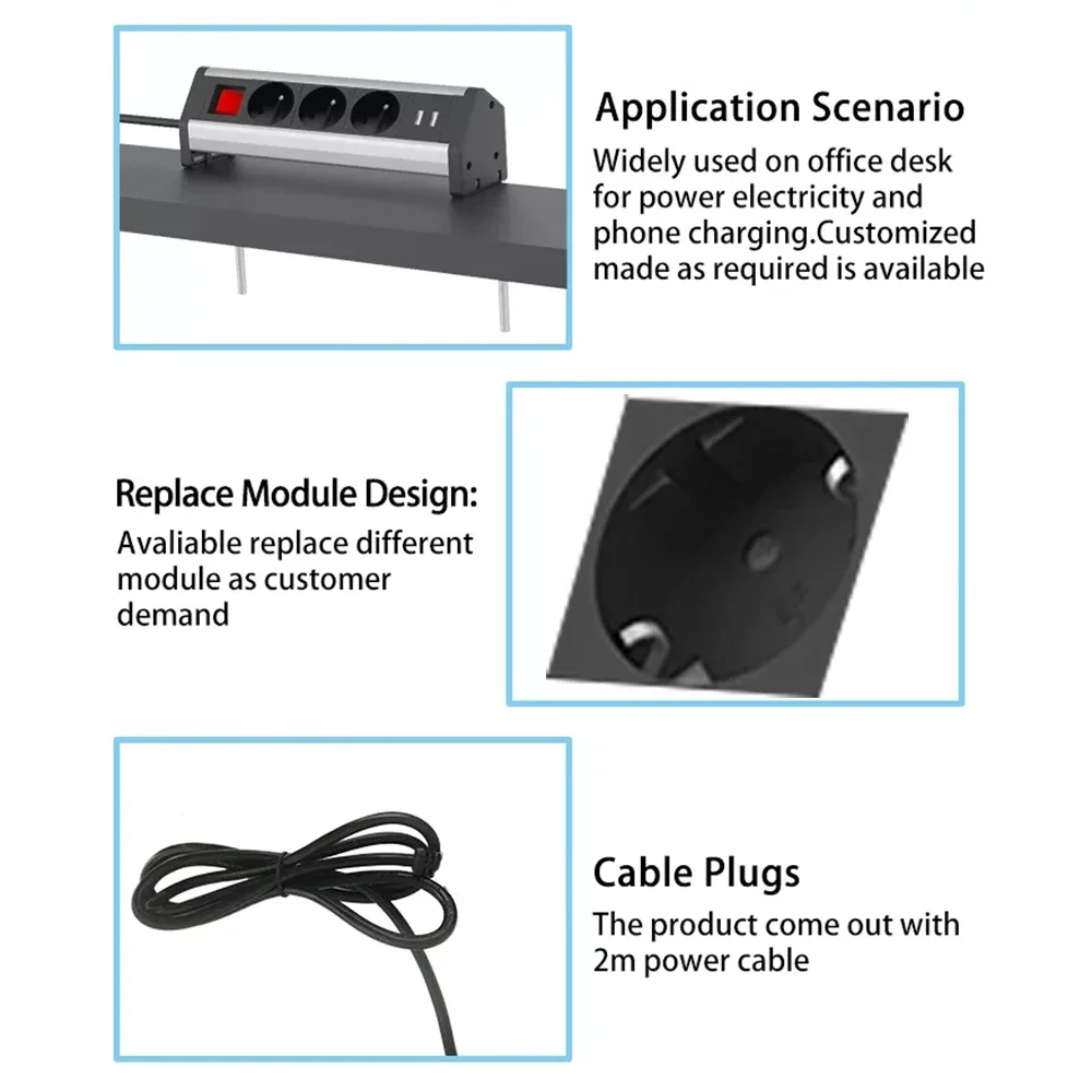 Melery  Tabletop Socket 3Ways Electrical Plugs Sockets Clamp on Conference Table EU Plug Outlets USB Port for Germany Home Office-Melery