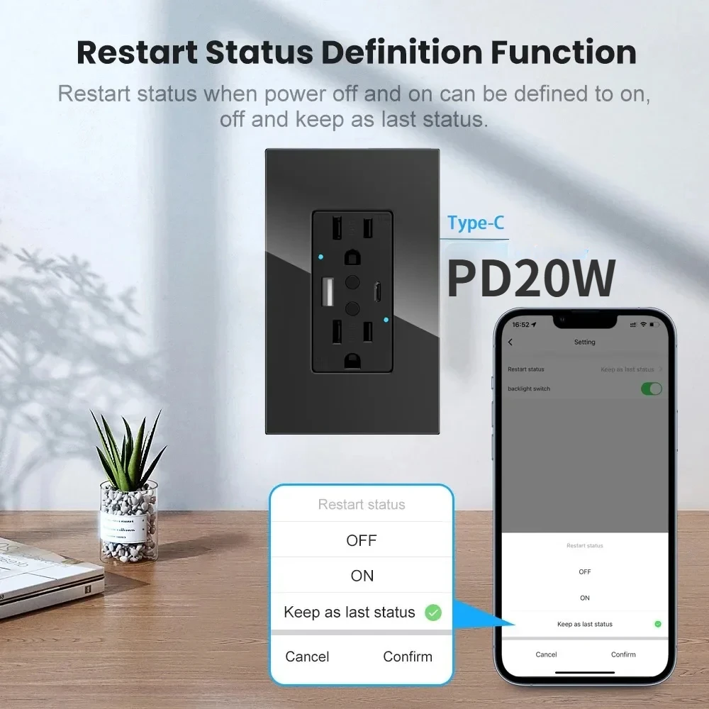 Melery Wifi Smart Tuya US Wall Socket USB Type-C PD 20W Fast Charge Outlet Electrical Plug Glass Panel Remote Alexa Google Home-Melery