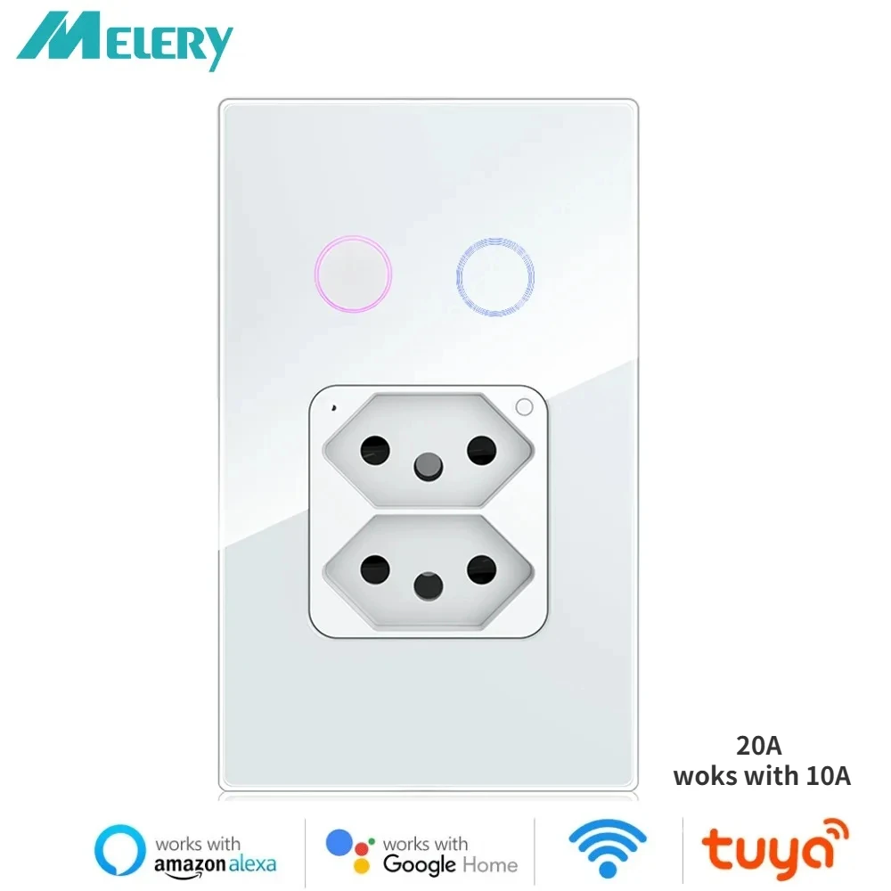 Melery Tuya Brazil Light Switch Wifi Smart Dual Wall Socket 20A Plug Outlet Touch Sensor Glass Panel Remote by Alexa Google Home-Melery