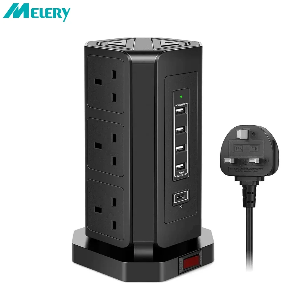Melery  UK Tower Power Strip Surge Protector Plug Outlets Vertical Socket USB Charge Port Type C 1.8m Extenstion Cord Home Office-Melery