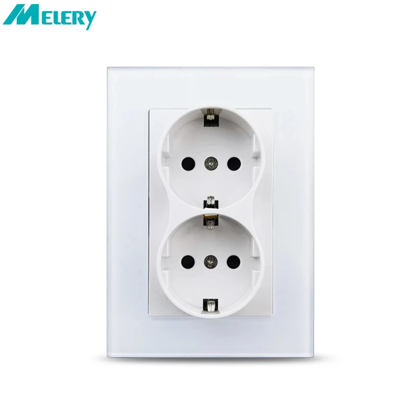 Melery  Double EU Wall Electrical Power Socket Crystal Glass Panel European Russia Outlet Hole Home Office Kitchen White Black-Melery